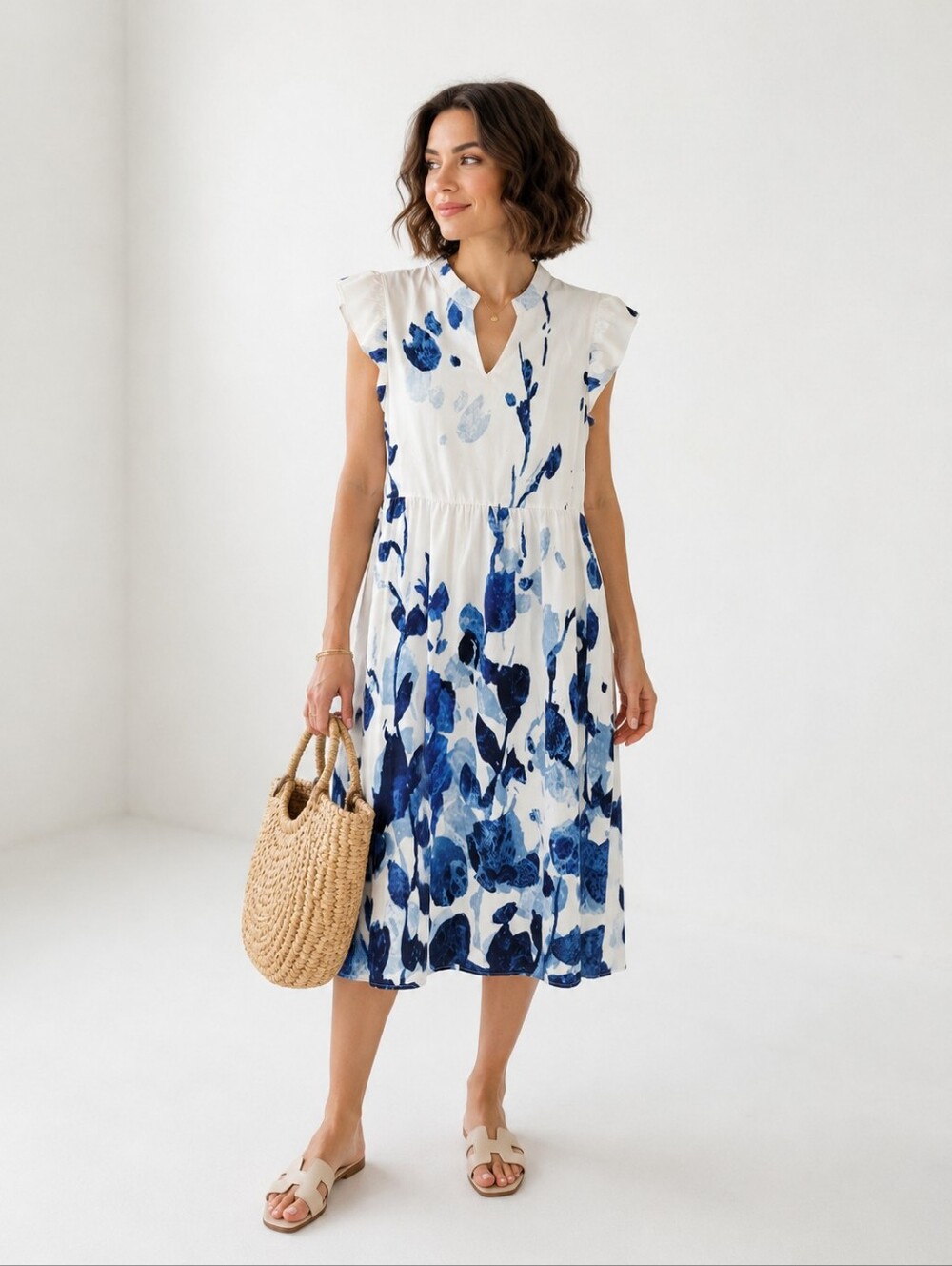 Blue White Floral Summer Lightweight Midi Dress